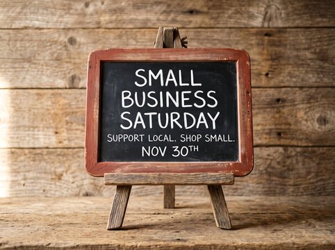Small business Saturday chalkboard sign on wooden table