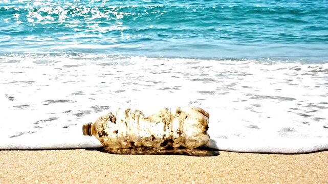 Plastic bottle washing ashore on sandy beach creating environmental pollution.