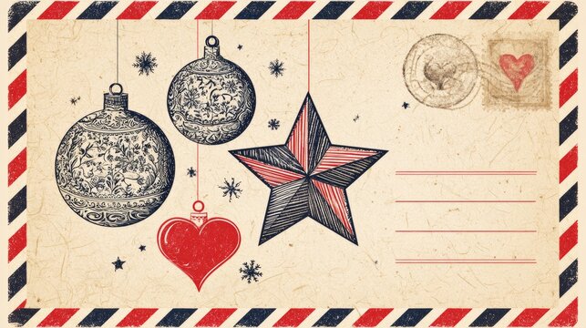 Vintage holiday postcard with star ornaments and decorative border, classic Christmas greeting, festive stationery, seasonal celebration.