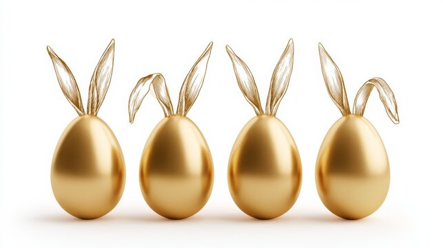 Elegant gold Easter eggs with decorative tassels, spring holiday ornament, refined festive design, Easter celebration, clean white background.