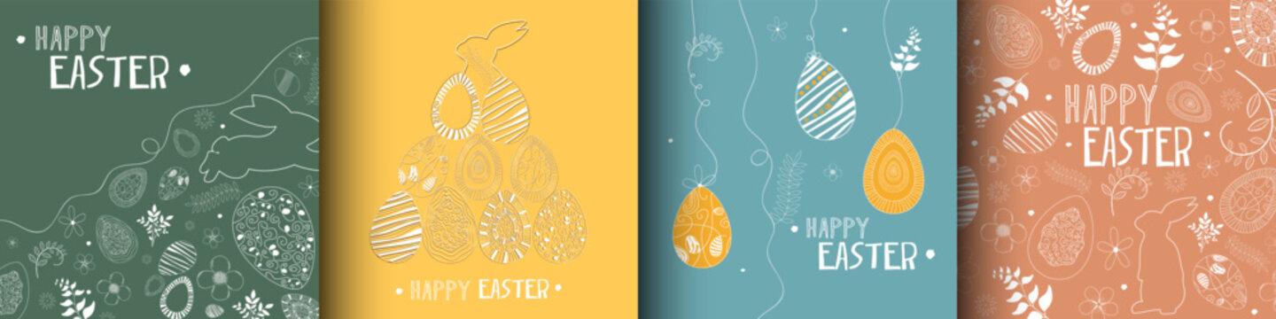 Happy Easter greeting posters card frame typography design with line draw Bunny rabbit, Easter eggs, spring plants. Set Template for advertising, web, social media
