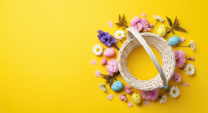 Empty Easter basket with flat lay wreath of spring flowers and pastel colorful eggs on bright yellow background with copy space