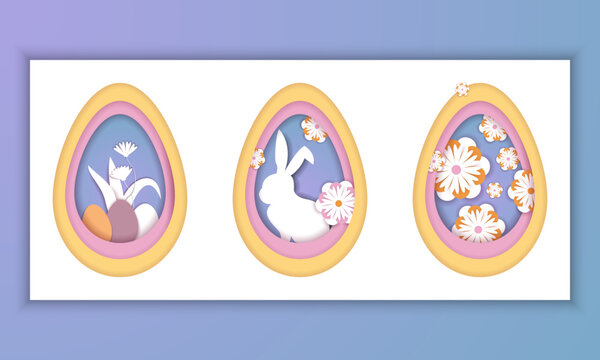 Happy Easter greeting poster, banner, card frame, background typography design. Bunny rabbit, Easter eggs, spring plants Template for advertising, web, social media