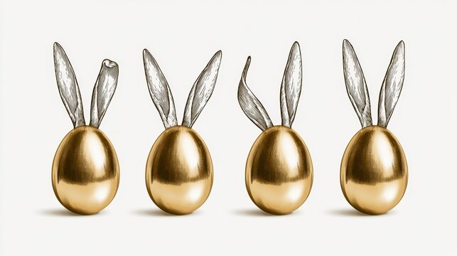 Elegant gold and cream Easter eggs with decorative tassels, refined spring holiday decoration, festive Easter greeting, minimalist white background.