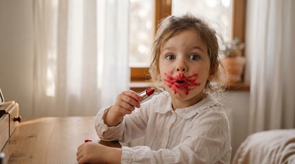 Fototapeta premium Little girl with wide eyes applying red lipstick at wooden table near window, messy lipstick around mouth and surprised expression in warm indoor bedroom or living area
