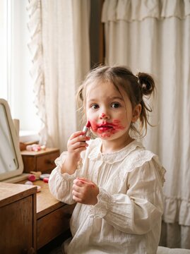 Toddler girl at wooden vanity applying lipstick with smudged color on face, standing in soft lit dressing area of bedroom in calm morning scene of curious pretend play