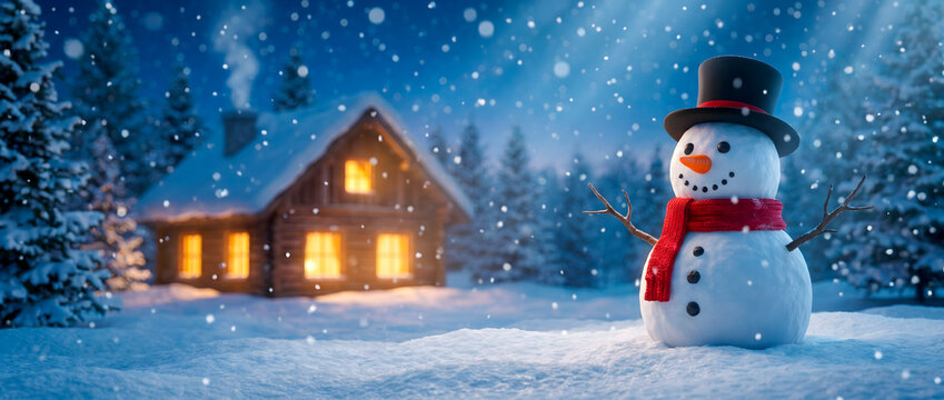 Snowman in a snowy winter landscape with a cozy illuminated cabin at night
