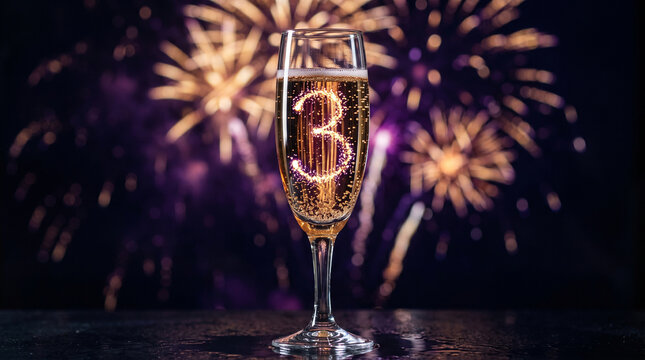 Champagne flute containing a sparkling number three with blurred colorful fireworks in the dark background with liquid festive fireworks displays glowing number with inside bubbly liquid