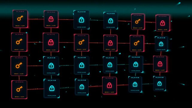Digital blockchain network concept with glowing neon padlock and key icons connected in a futuristic dark cyberspace grid structure 4K Motion Video