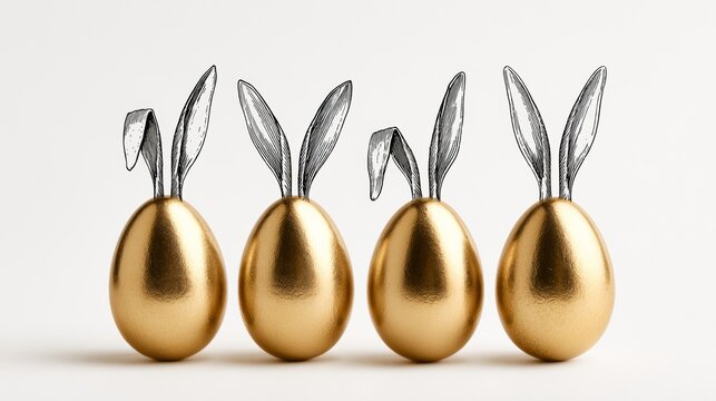 Golden Easter eggs with decorative tassels arranged on white, elegant springtime holiday concept, festive Easter greeting, refined celebration.