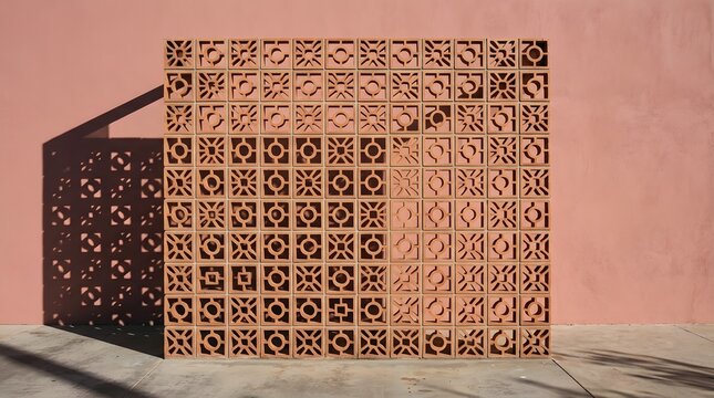 Decorative terracotta breeze block wall featuring intricate geometric patterns cast under bright sunlight for a modern architectural exterior design look