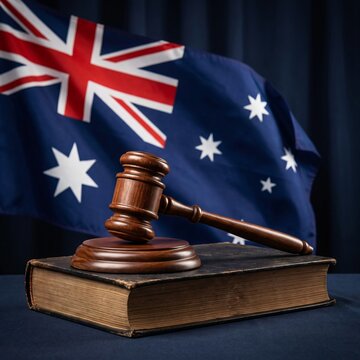 Wooden judge gavel on old law book with Australian flag background for legal justice concepts.