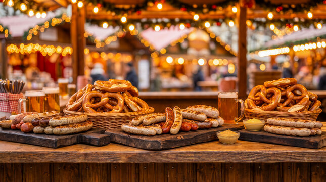 Oktoberfest food stall with traditional German pretzels and grilled sausages at a festival
