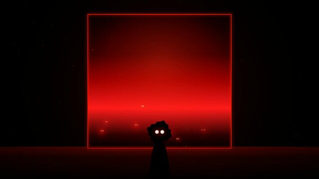 A small dark silhouette figure standing in front of a giant glowing red square portal in a mysterious dark void 4K Motion Video