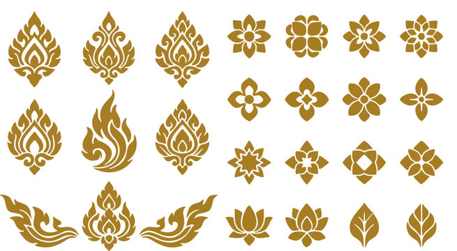 Golden Thai ornament set, traditional Lai Thai pattern elements, lotus flower icons, and oriental floral embellishment collection