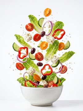 Romaine and mixed vegetable salad tossed in midair over ceramic bowl, sliced tomatoes, cucumbers, peppers, olives and feta in bright studio setting with energetic fresh mood
