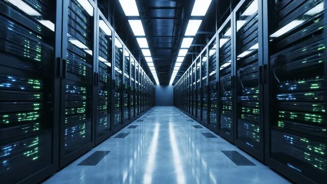 Server racks lined in a data center hallway showing network infrastructure video servers centers