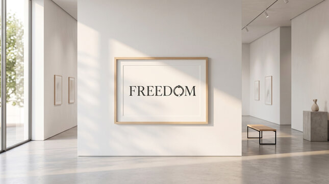 A wooden framed poster featuring the word freedom hanging on a bright white gallery wall with minimalist gallery interior wooden frame with frame displaying, central wooden