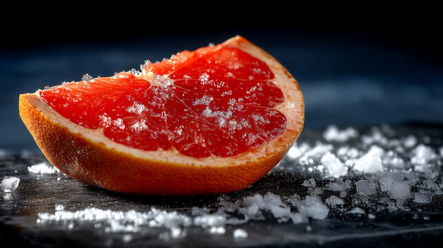 Juicy grapefruit slice sprinkled with coarse salt crystals on dark slate board