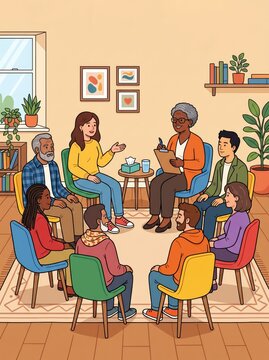 Illustrated support group meeting with older facilitator taking notes while participants share and listen in cozy community room, warm inclusive atmosphere