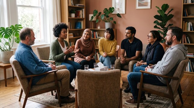 Diverse group of adults seated in circle for peer support and group therapy session in cozy living room setting focused on calm discussion and mutual counseling