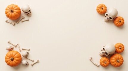 Obraz premium Halloween pumpkins and decorative skulls arranged on a neutral cream background