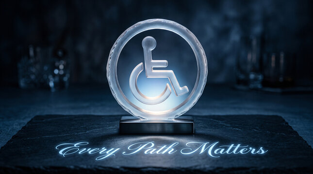 Frosted glass accessibility symbol trophy with illuminated text on a dark slate surface background with circular accessibility sign slate base glowing sign rests
