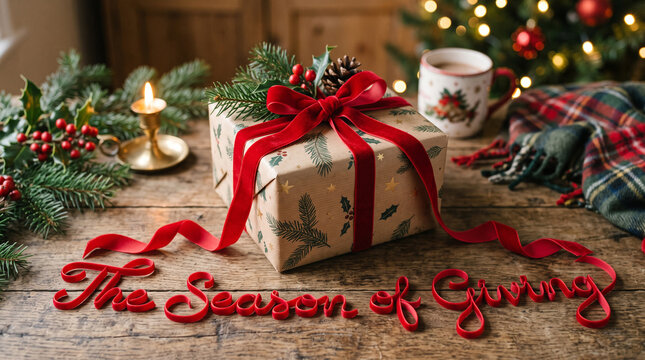 A wrapped christmas gift box with a red velvet ribbon on a rustic wooden table with surrounded holiday decorations festive gift ribbon sits celebration atmosphere