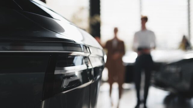 Front detail of a new car in modern dealership while salesperson talks with female customer interested in purchasing a vehicle
