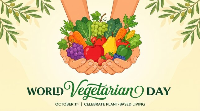 Two hands holding vibrant assortment of vegetables and fruits for world vegetarian day banner, plant based living and community harvest theme with organic sustainable message