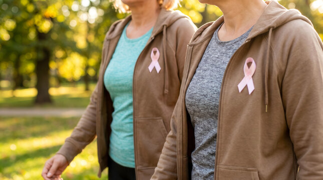 Two women walking together wearing pink ribbons for breast cancer awareness in a park.