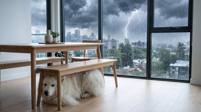 A scared white dog finds shelter under a dining bench indoors. Intense lightning and heavy rain outside emphasize pet anxiety and home safety during severe weather.