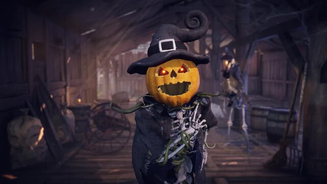 Funny 3D animation of Halloween pumpkin head skeleton talking and scaring in eerie haunted barn. Spooky background for holiday greeting cards, invitations, posters, and party events.