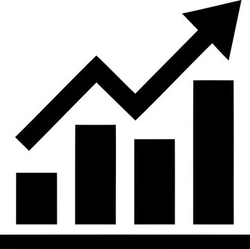 Black bar chart icon showing upward growth trend isolated on transparent background