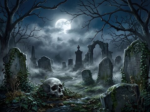 Eerie cemetery scene with skull and twisted trees under a full moon silhouette background