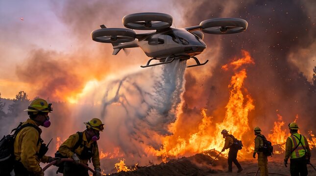 Futuristic autonomous firefighting drone spraying water to extinguish intense forest wildfire blaze while emergency rescue crew works below