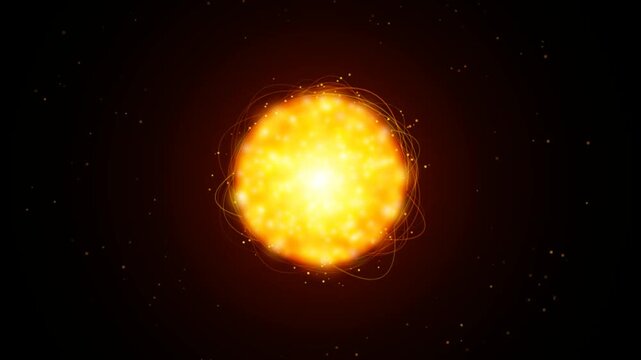 Bright glowing sun or fire ball with golden light particles on a dark black background 4K Motion Video
