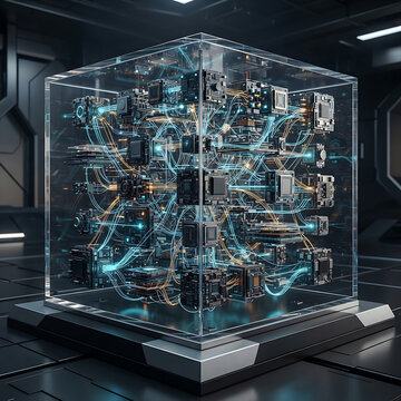 Futuristic quantum computer core housed in transparent glass cube featuring intricate glowing blue circuits microchips and neural network wiring on high tech dark laboratory platform background.