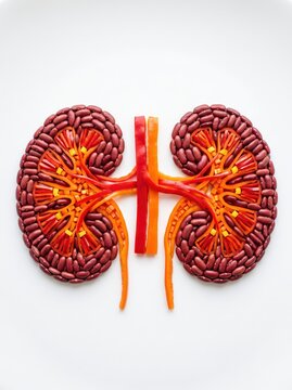 Kidney shaped anatomical concept formed from red beans and sliced red pepper arranged on white background medical food art illustrating organ structure and nutrition