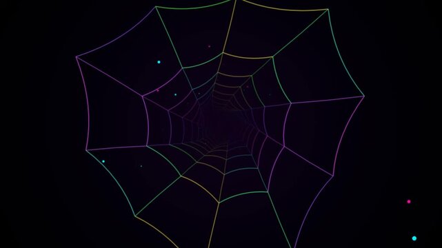 Neon colorful spider web tunnel background with glowing lines on dark black 4K Motion Video
