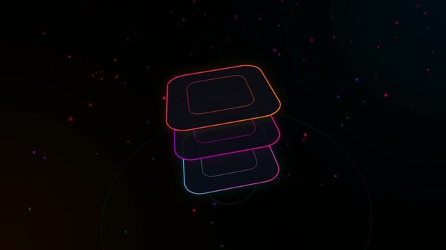 Abstract stack of neon square frames with glowing edges on a dark background with floating particles 4K Motion Video