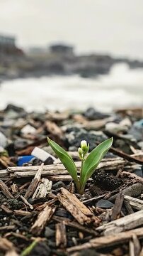Tiny green sprout growing amidst ocean debris and sea waves.