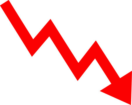 Red downward arrow showing financial loss, declining stock market trend line vector, negative business growth and economic recession symbol