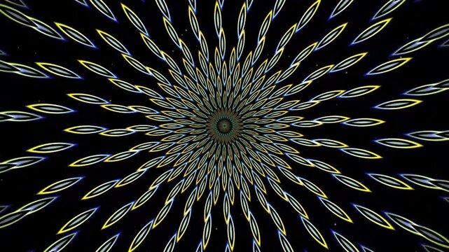 Abstract circular pattern with repeating white leaf shapes radiating from a dark center on a black background for modern graphic design projects 4K Motion Video