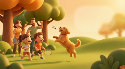 Obraz premium 3D render of an active and joyful family scene outdoors featuring kids having fun playing badminton with their dog enthusiastically jumping up to catch and steal the shuttlecock adding an element of