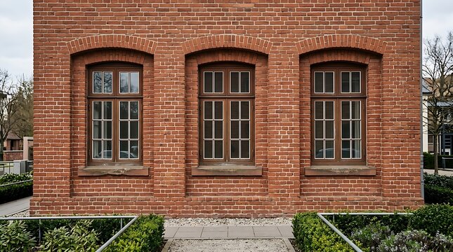 Brick facade with three arched windows and garden path