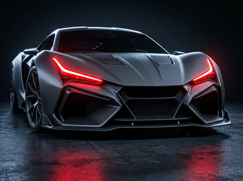 aggressive dark matte super car with glowing red led headlights in dark studio setup showcasing aggressive aerodynamic body design modern technology and high performance power