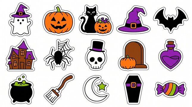 Set of cute halloween stickers featuring ghost pumpkin cat bat haunted house spider skull potion and candy icons