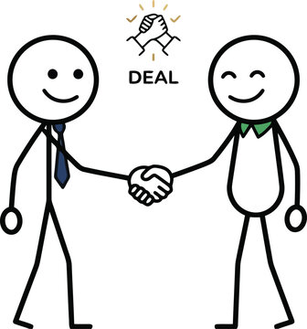 Stick figure illustration depicts a handshake between two people with a deal symbol above