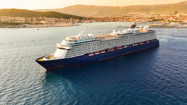 Aerial view of a large cruise ship sailing in the Adriatic Sea near the coastal city of Split, Split-Dalmatia County, Croatia.